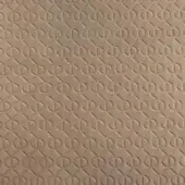 Leather rug with repeating geometric diamond pattern featuring central circles and vertical lines in a mottled tan color.